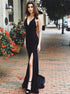 Mermaid V Neck Black Satin Criss Cross Prom Dress with Slit LBQ4162